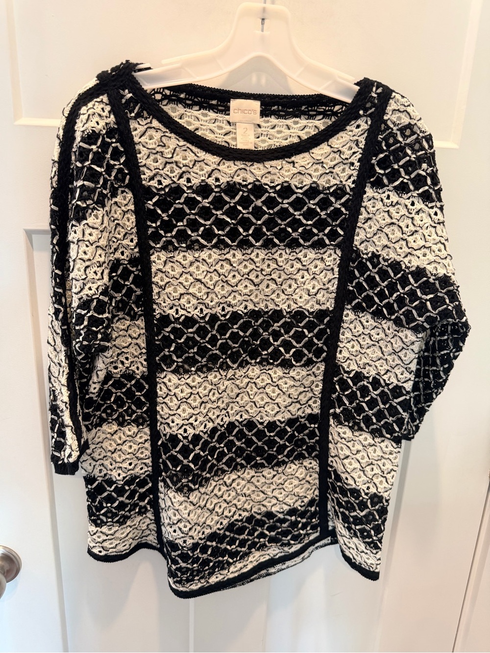 Chico’s Size 2 Black White Crochet Knit Sweater Open Weave Striped Pullover L